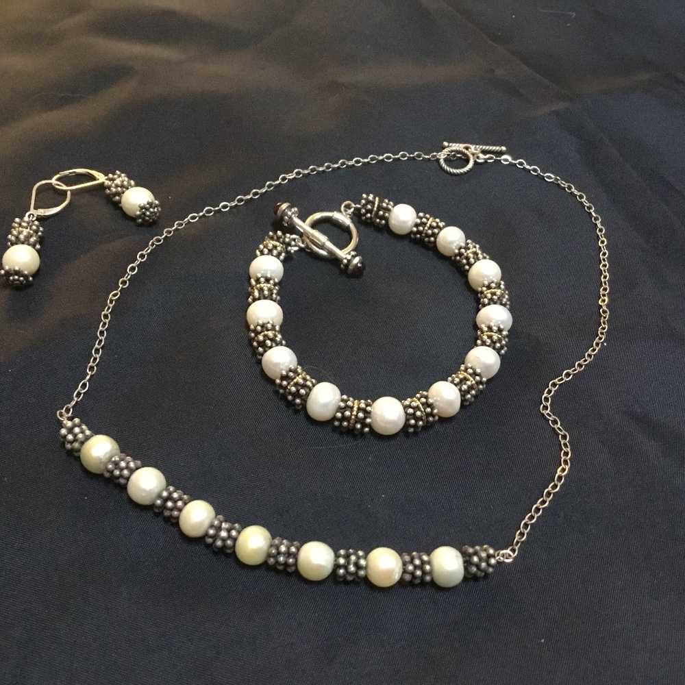 Sterling silver with cultured pearls-necklace, bracelet and earrings set